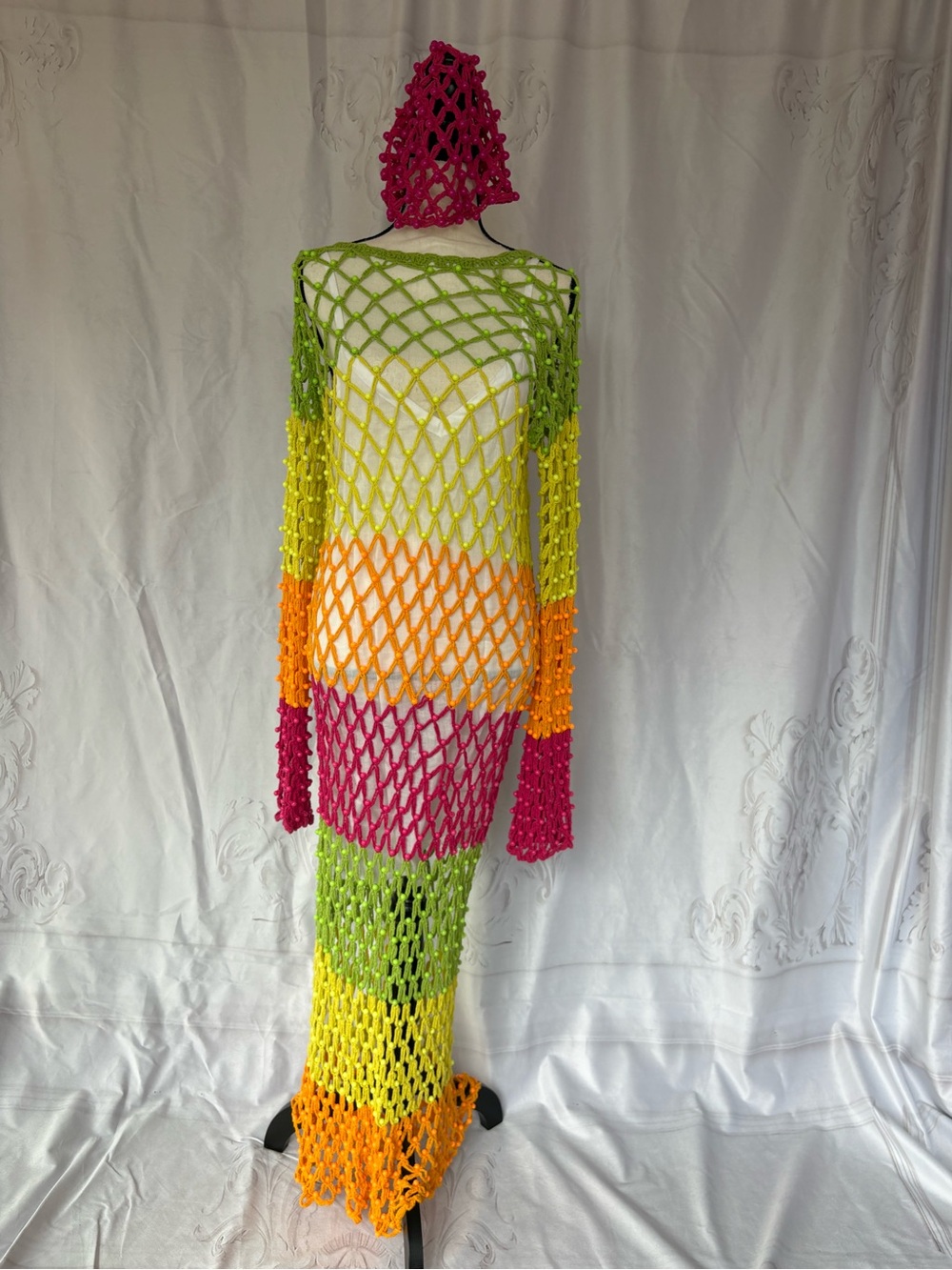 Neon Crochet Open-Knit Maxi Sweater Dress - Pink, Lime, Orange, Yellow